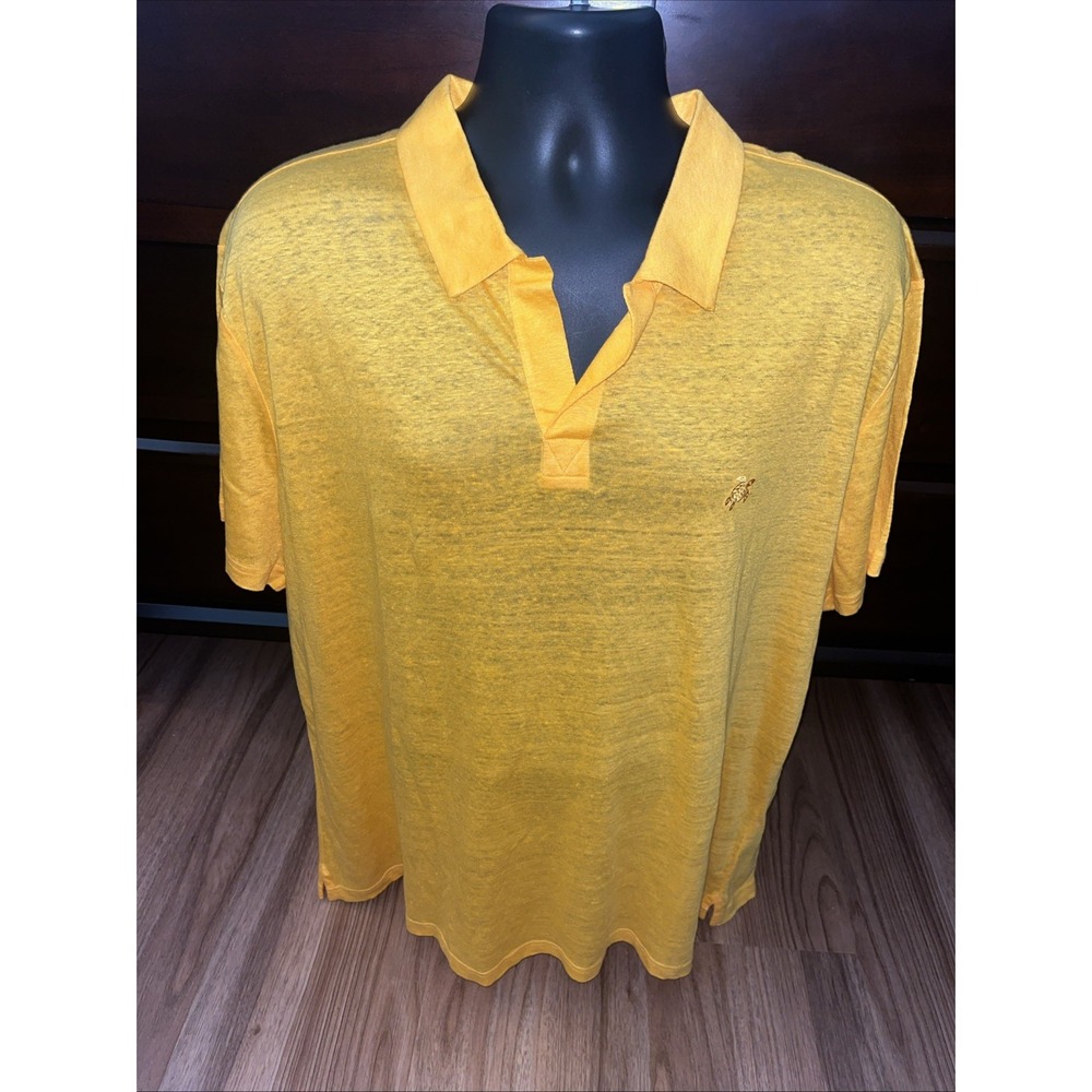 Vilebrequin Mens 100% Linen Yellow Embroidered Turtle Polo Short Sleeve Sz XXXL